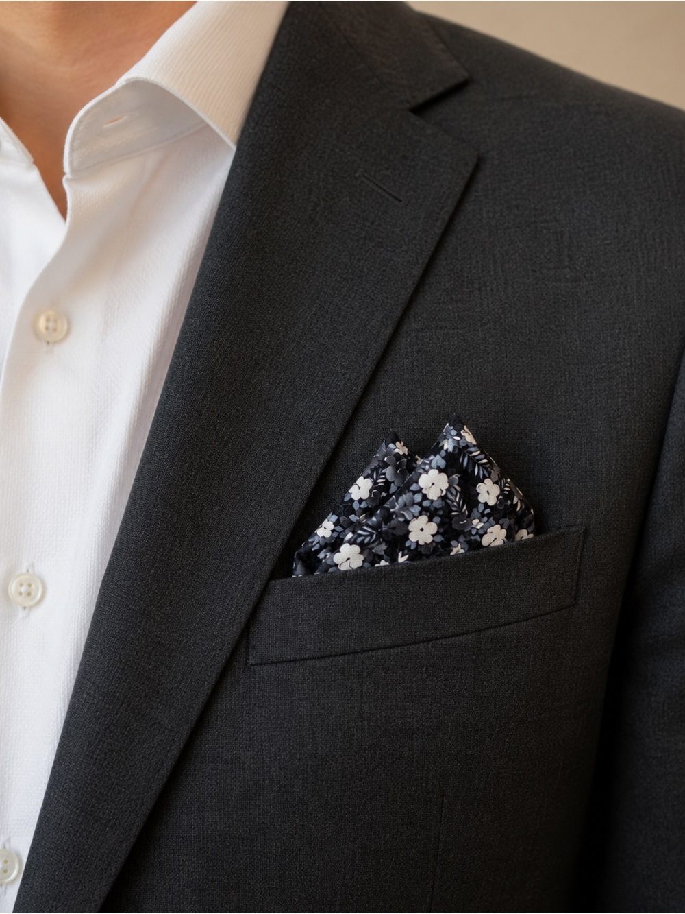 Tropical Floral Black White Grey Handmade 100% Silk Pocket Square Menswear
